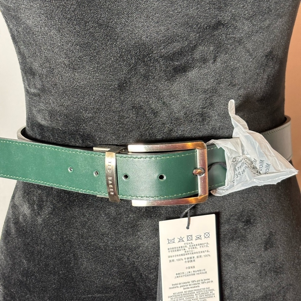 Ted Baker LONDON Reversible Chocolate Pebble Brown/ Smooth Green Leather Belt 30